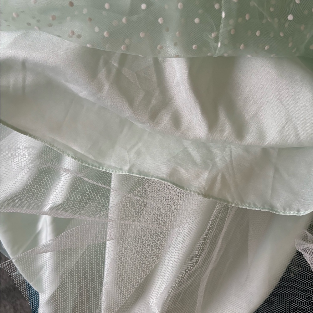 Vintage-Style Mint Green Midi Dress with Sheer Polka Dot Overlay - Picture 11 of 13